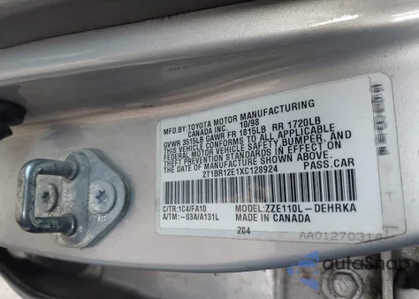 1999 Toyota Corolla Ve из США, поврежденный, VIN 2T1BR12E1XC128924